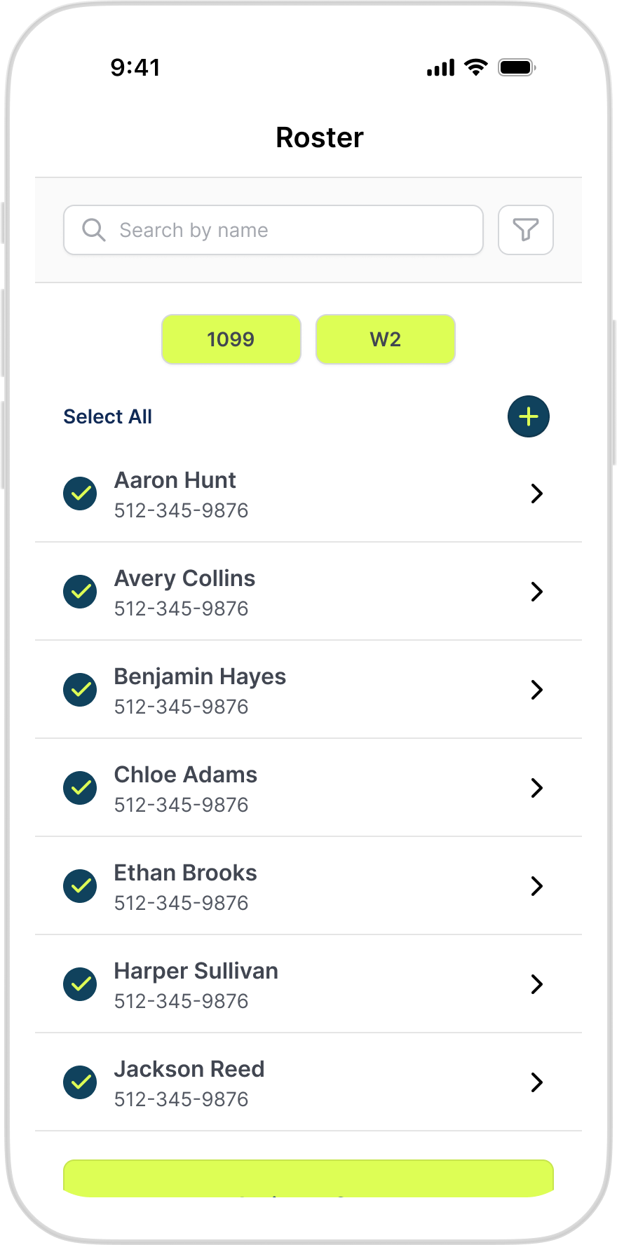 Admin app talent roster, list of workers with 1099/W2 filters and search